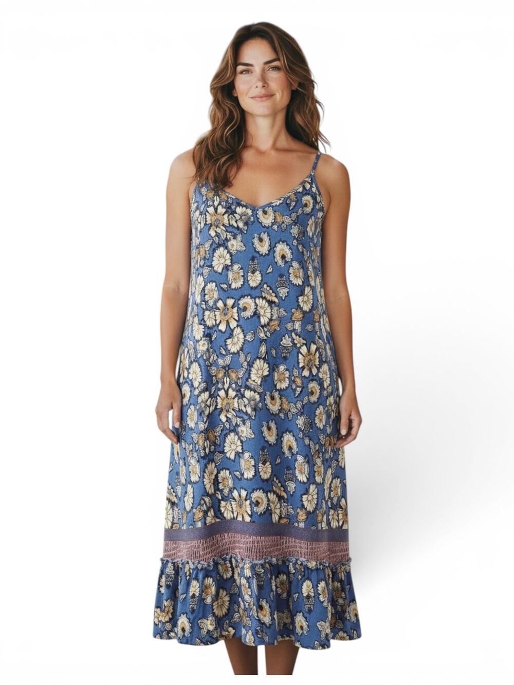 Chelsea & Violet Floral Boho Ruffle Hem Slip Dress Blue Yellow Summer Size Large